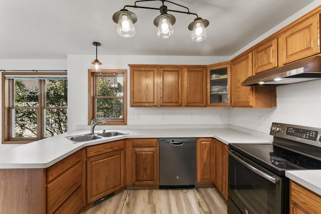 kitchen with exhaust hood, stainless steel dishwasher, black / electric stove, sink, and decorative light fixtures