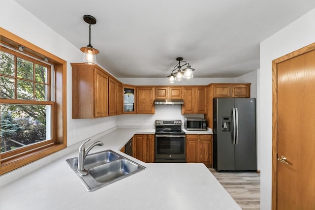 kitchen featuring light hardwood / wood-style flooring, stainless steel appliances, sink, and hanging light fixtures