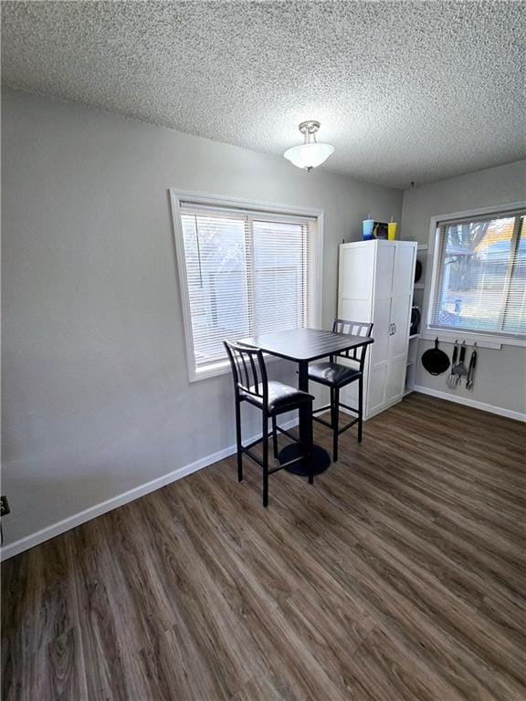 dining space with a textured ceiling, dark hardwood / wood-style flooring, and a wealth of natural light