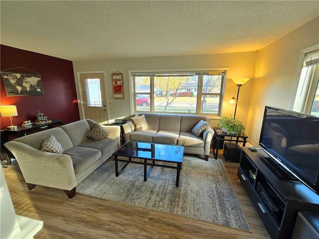 living room with a textured ceiling and dark hardwood / wood-style flooring