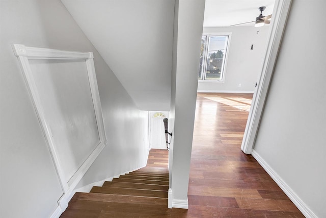 staircase with hardwood / wood-style flooring and ceiling fan