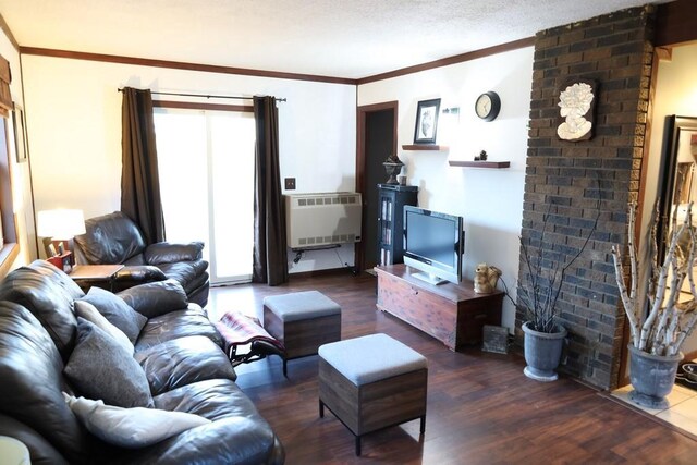 living room featuring crown molding, a textured ceiling, radiator, and dark hardwood / wood-style flooring