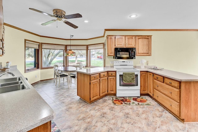 kitchen featuring hanging light fixtures, kitchen peninsula, sink, electric stove, and ceiling fan