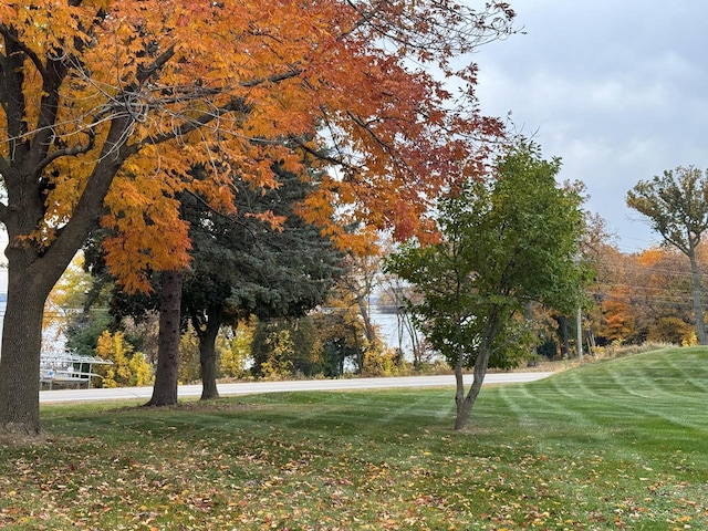 surrounding community with a yard and a water view