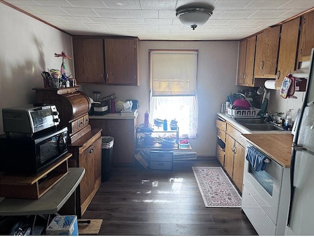 kitchen with ornamental molding, stainless steel fridge, sink, and dark hardwood / wood-style flooring