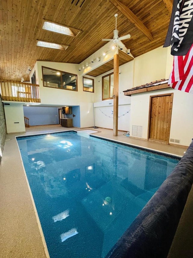 view of swimming pool with a skylight and ceiling fan