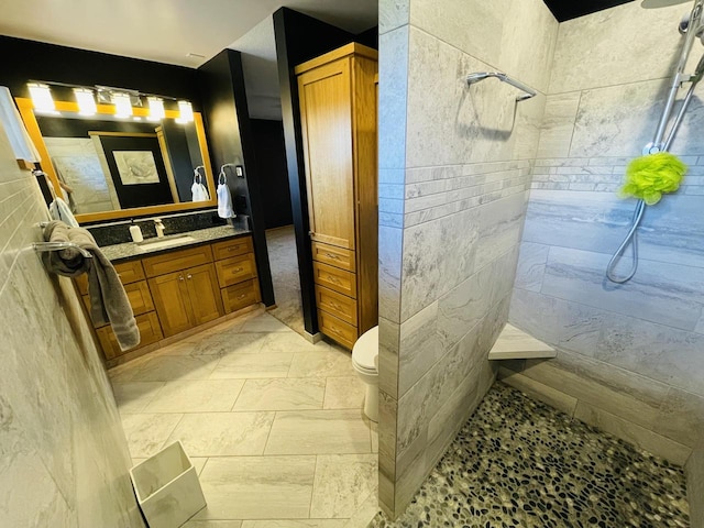 bathroom with vanity, toilet, tile walls, and tiled shower