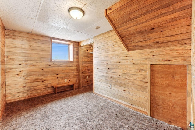 additional living space featuring carpet floors and wooden walls