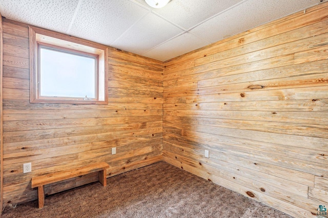 carpeted empty room with wooden walls