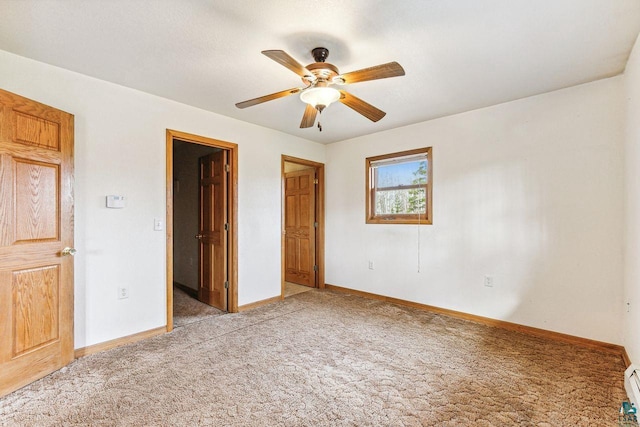 unfurnished bedroom featuring ceiling fan, light carpet, and baseboard heating