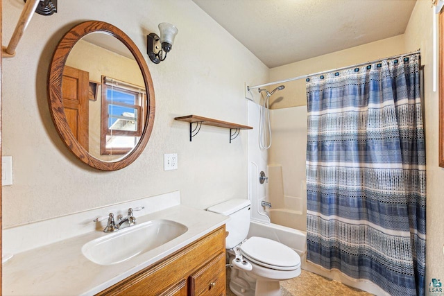 full bathroom with vanity, shower / bath combo, a textured ceiling, and toilet