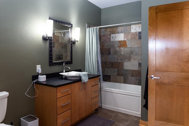 full bathroom with vanity, toilet, and shower / bath combination with curtain