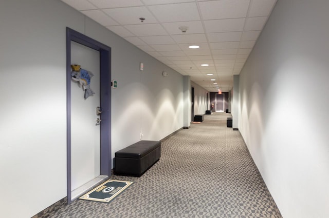 corridor with a drop ceiling and carpet floors