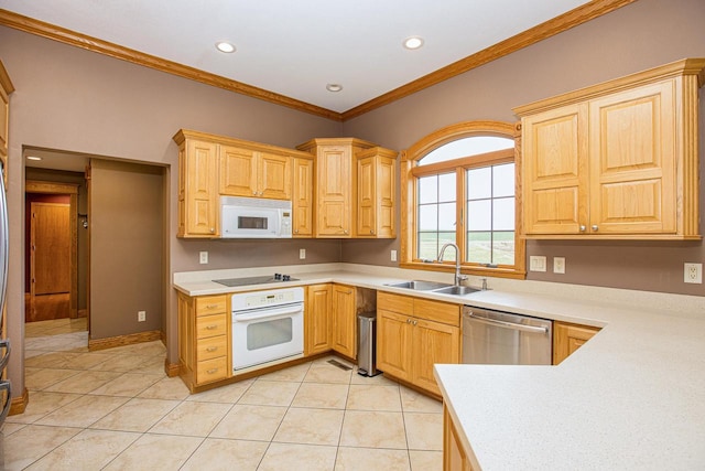 kitchen with light tile patterned flooring, crown molding, sink, and white appliances