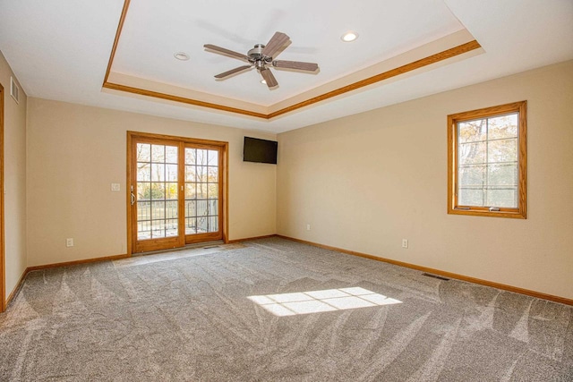 carpeted empty room with a raised ceiling, ceiling fan, and plenty of natural light