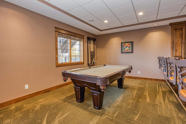 game room featuring a paneled ceiling, billiards, and dark carpet