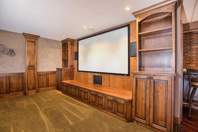 carpeted cinema room with wooden walls