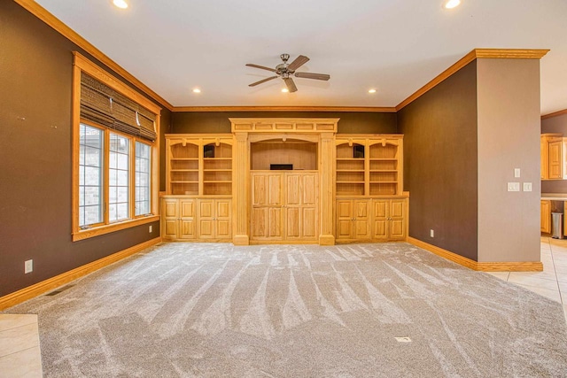 unfurnished living room with ceiling fan, light carpet, and ornamental molding