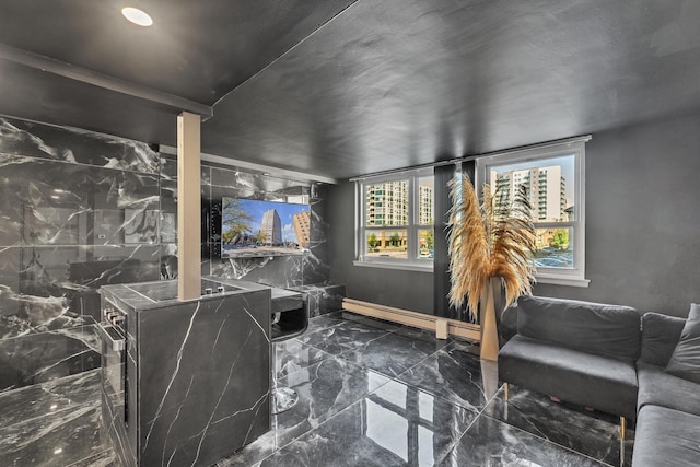 home theater with marble finish floor