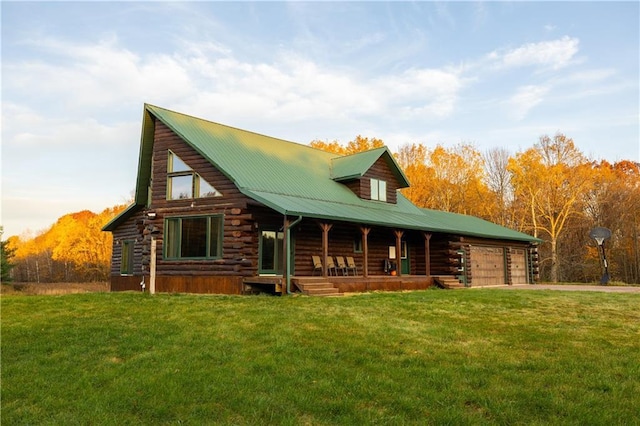 2374 320th St, Clear Lake, WI 54005 - exterior space featuring a porch, log siding, and a front yard