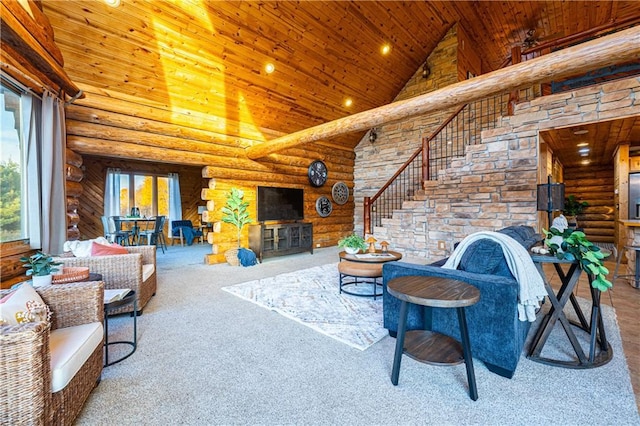 carpeted living room with log walls, high vaulted ceiling, and wooden ceiling