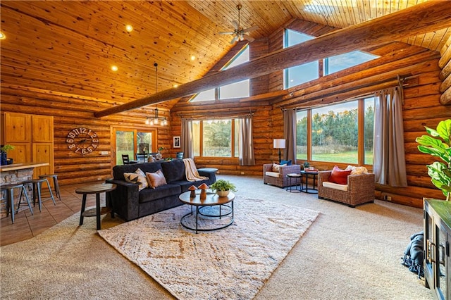 living room featuring a large fireplace, wood ceiling, carpet flooring, and high vaulted ceiling