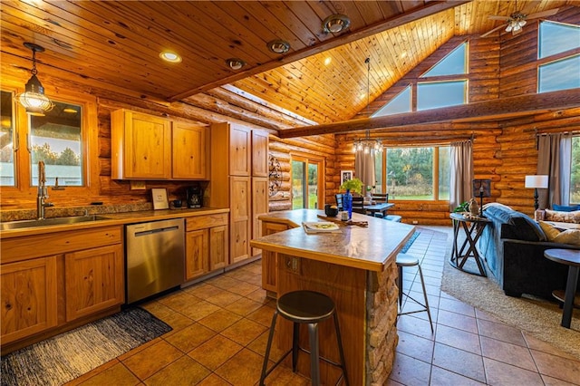 kitchen featuring wood ceiling, a kitchen island, a kitchen bar, dishwasher, and pendant lighting