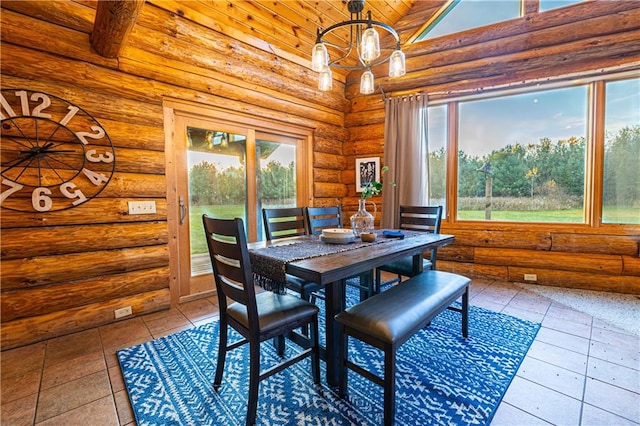 dining room with beamed ceiling, an inviting chandelier, high vaulted ceiling, and rustic walls