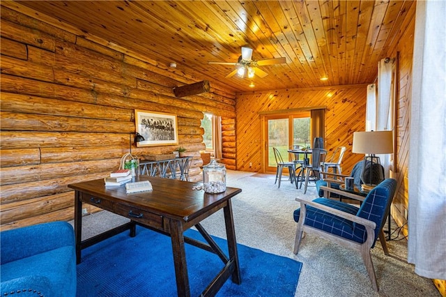 carpeted office featuring wood ceiling, rustic walls, and ceiling fan