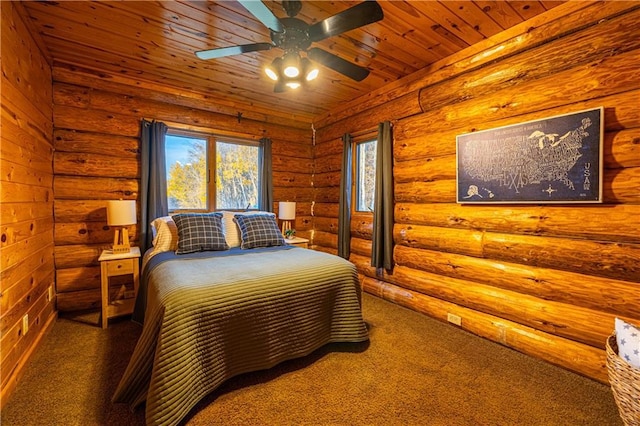 bedroom featuring ceiling fan, wooden ceiling, dark carpet, and log walls