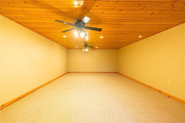 unfurnished room with wood ceiling, carpet floors, and ceiling fan