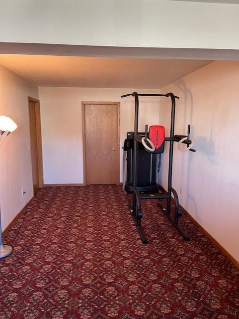 workout room featuring carpet floors