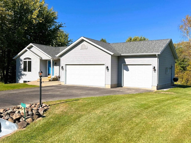 6848 Moonlight Cir, Sun Prairie, WI 53590 - ranch-style home with an attached garage, driveway, a front yard, and a shingled roof