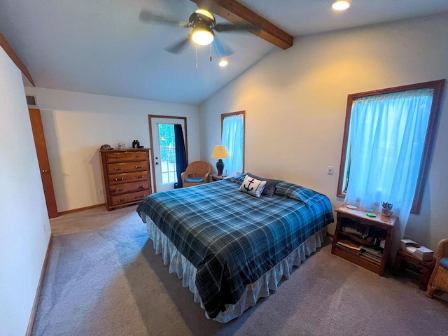 carpeted bedroom featuring ceiling fan and lofted ceiling with beams