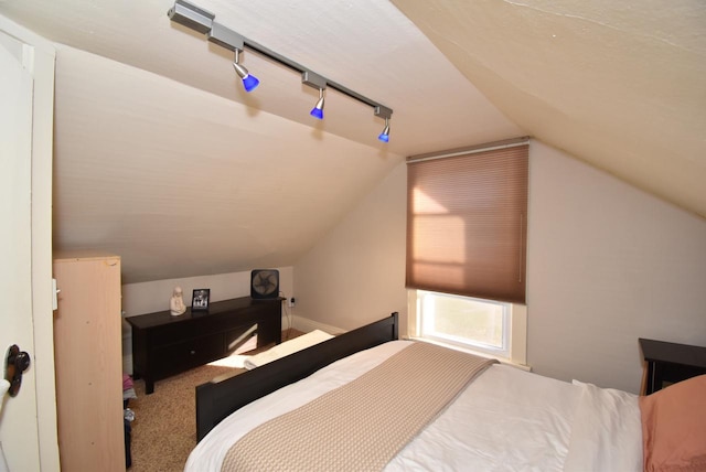 carpeted bedroom featuring lofted ceiling and track lighting