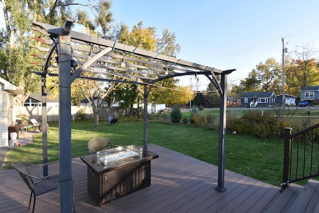 deck with a lawn and a pergola