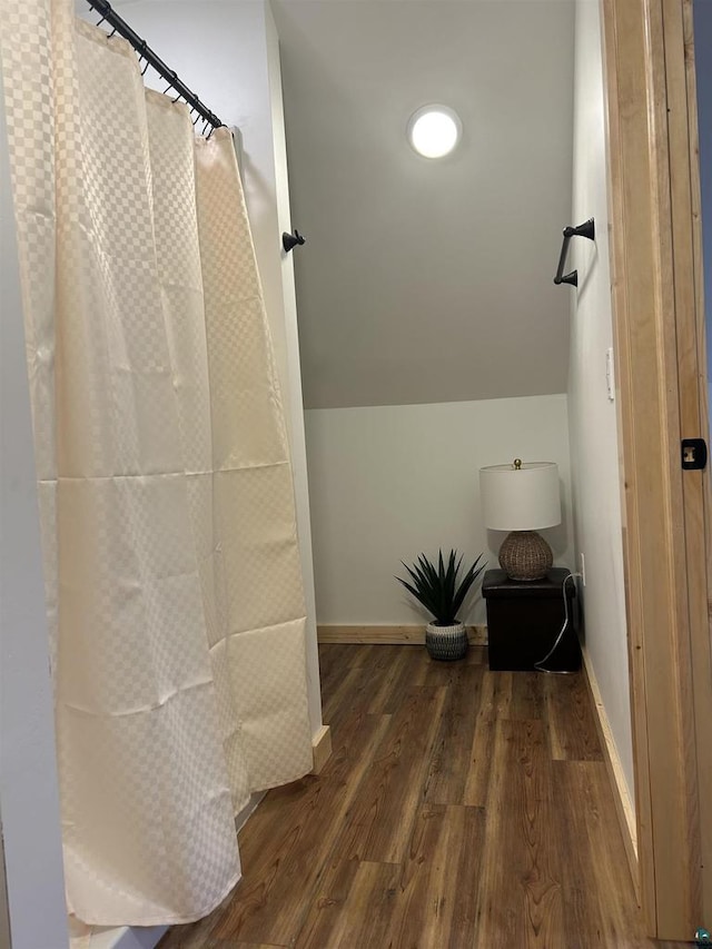 bathroom featuring lofted ceiling, wood-type flooring, and walk in shower