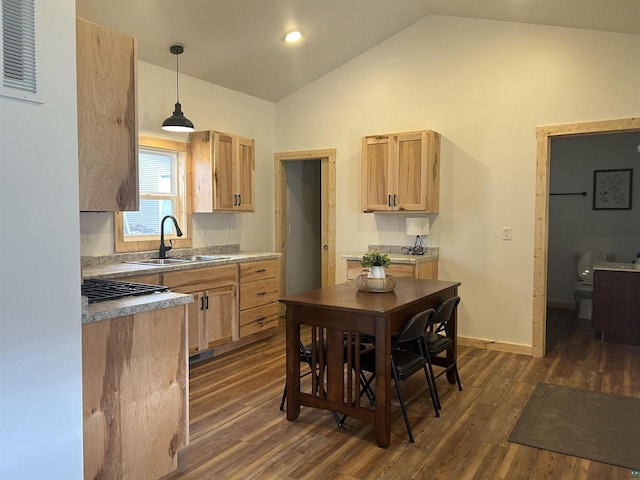 kitchen featuring light brown cabinets, hanging light fixtures, vaulted ceiling, dark hardwood / wood-style floors, and sink