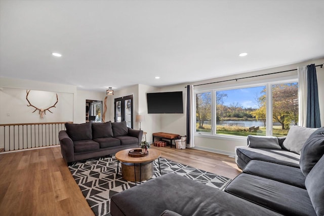 living room featuring french doors and hardwood / wood-style flooring