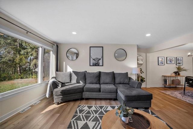 living room with light hardwood / wood-style flooring