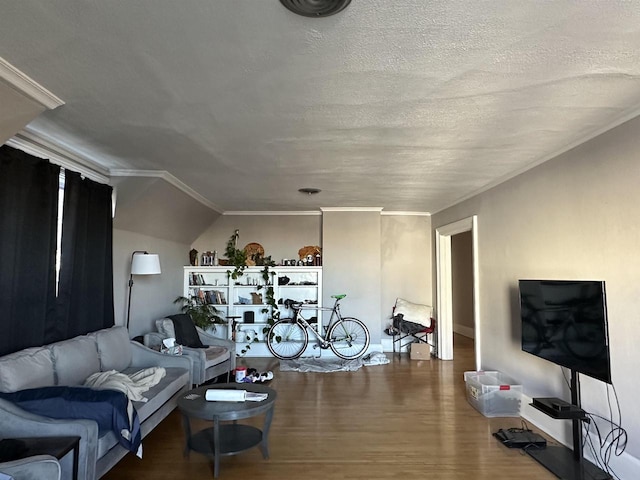 living room featuring hardwood / wood-style flooring, a textured ceiling, and lofted ceiling