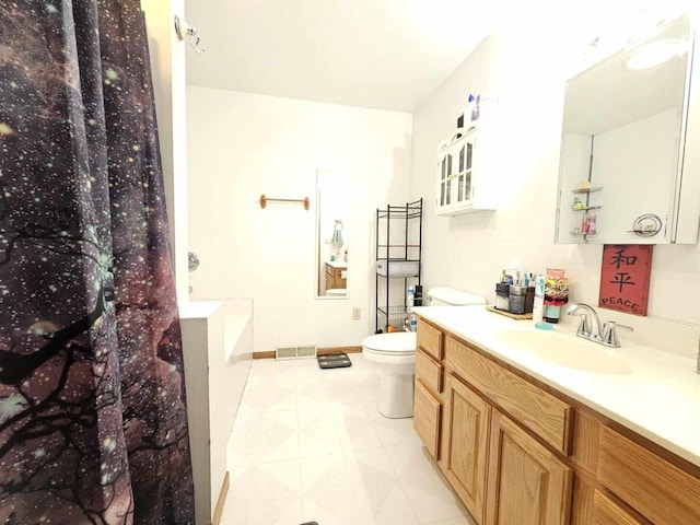 full bathroom with tile patterned floors, visible vents, toilet, walk in shower, and vanity