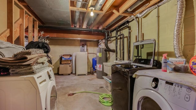 laundry area featuring sink, washer and clothes dryer, and water heater