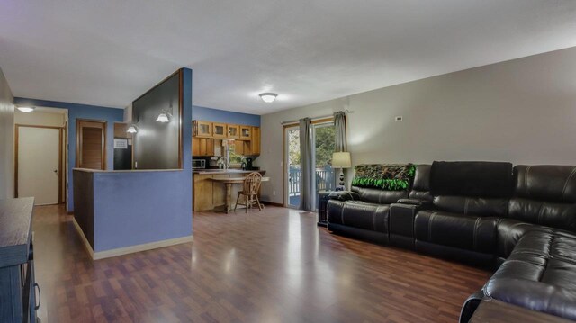 living room with dark hardwood / wood-style floors