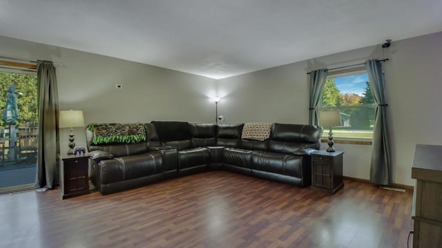 living room with dark hardwood / wood-style floors