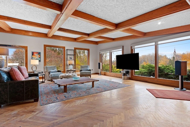 living room featuring coffered ceiling, beam ceiling, light parquet flooring, and a textured ceiling