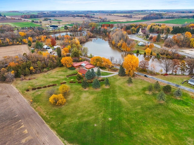 aerial view featuring a water view and a rural view