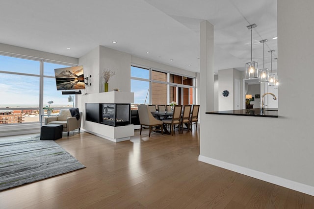 living room with sink, plenty of natural light, and dark hardwood / wood-style flooring