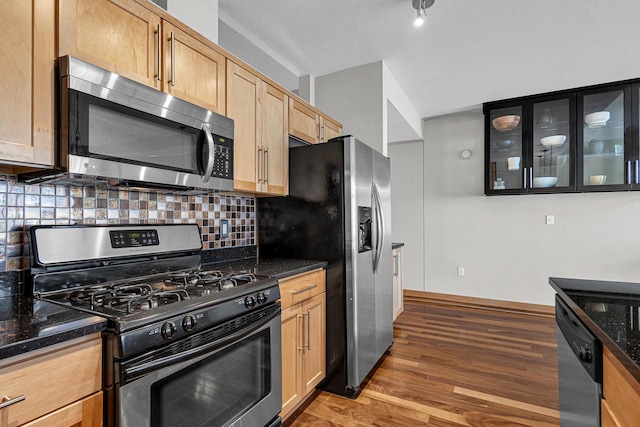 kitchen featuring decorative backsplash, dark stone countertops, stainless steel appliances, and dark hardwood / wood-style flooring