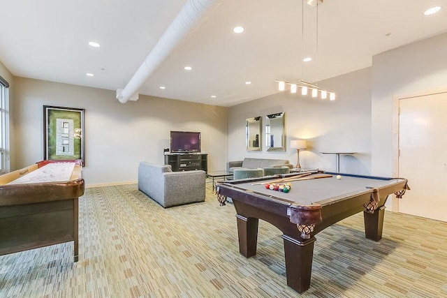 playroom featuring pool table and light colored carpet